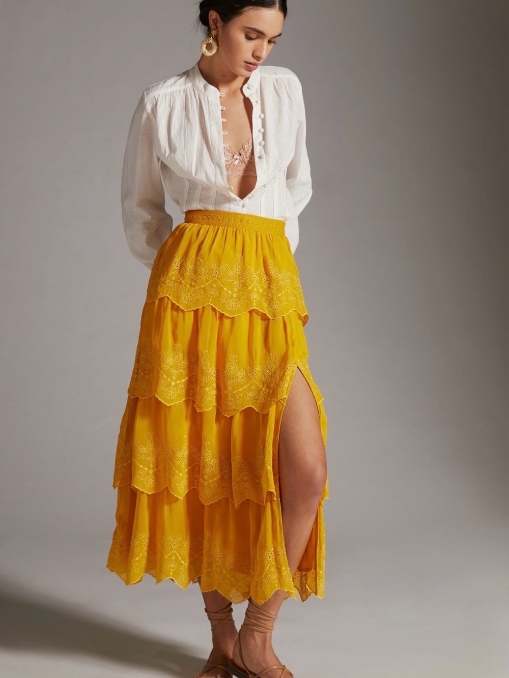 Anthropologies Tiered Lae Side-Slit Midi Skirt